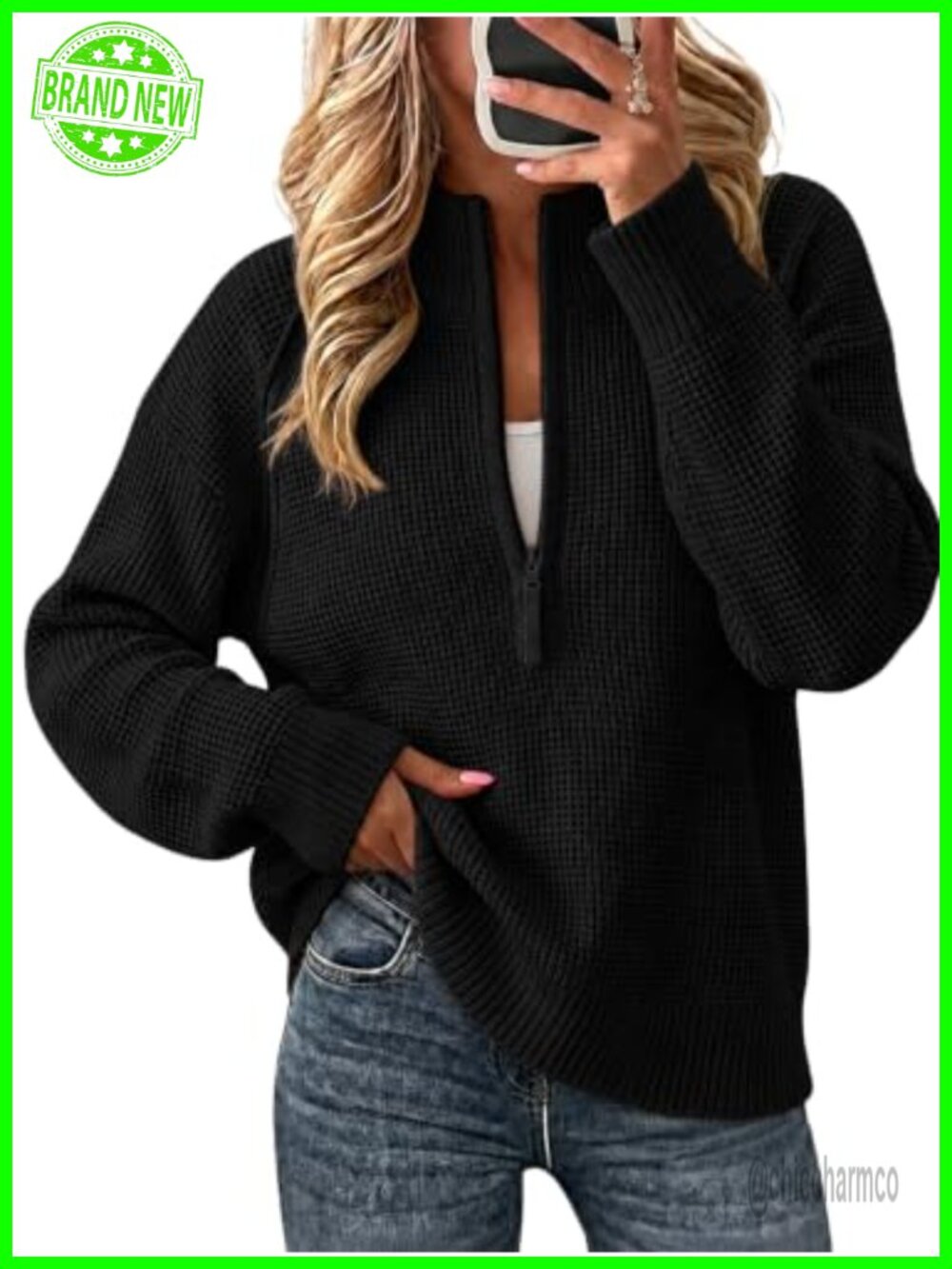 Waffle Knit Quarter Zip Pullover Sweater Long Sleeve Thumb Hole Loose Fit
